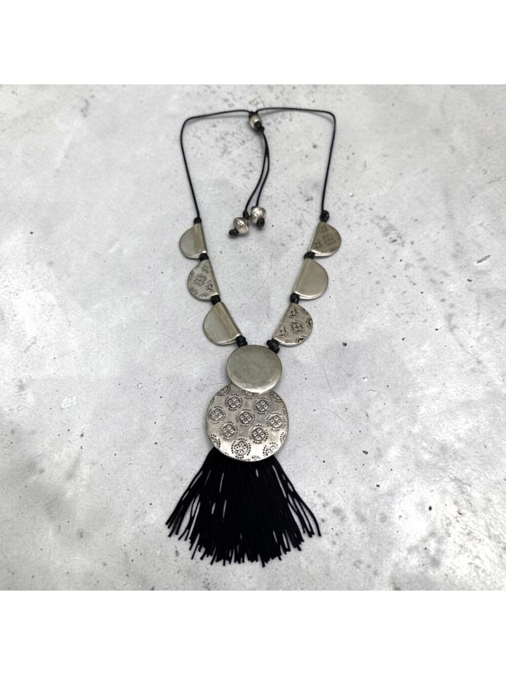 Chicos Adjustable Necklace With Etched Silver-Tone Discs & Black Tassel Accent
